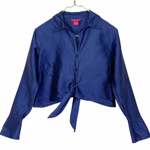 🌈Sunny Leigh Royal Blue Silk Cropped Button Up - Picture 2 of 5
